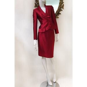 TAHARI LUXE cherry red textured ruffle blazer skirt suit set classy chic office
